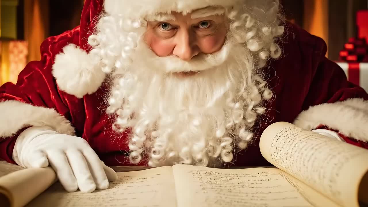 Santa Claus reading a list, close-up angle. Cozy, festive video concept with warm lighting. Live