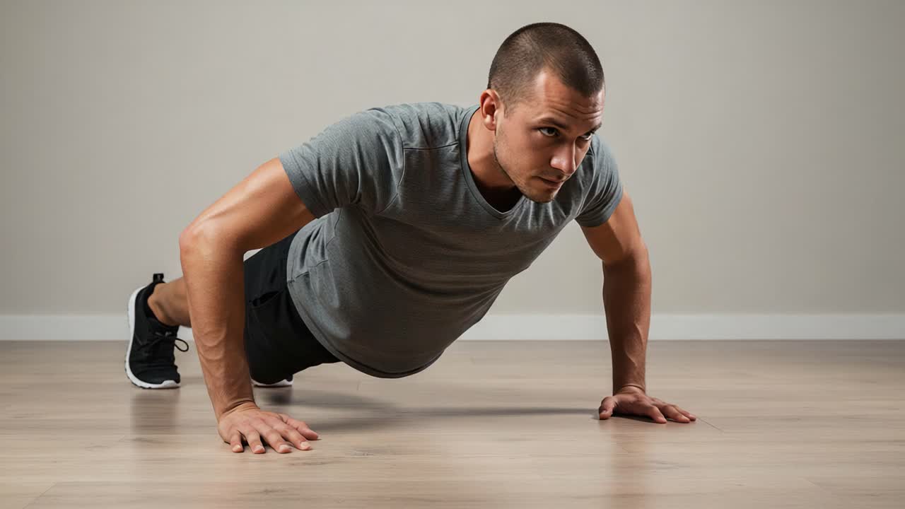 Dedicated Fitness Enthusiast Performing Push-Ups for Strength and Endurance Training in a Minimalist Indoor Space with Neutral Tones