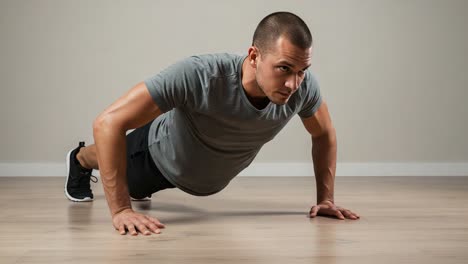 dedicated fitness enthusiast performing push-ups for strength and endurance training in a minimalist indoor space with neutral tones