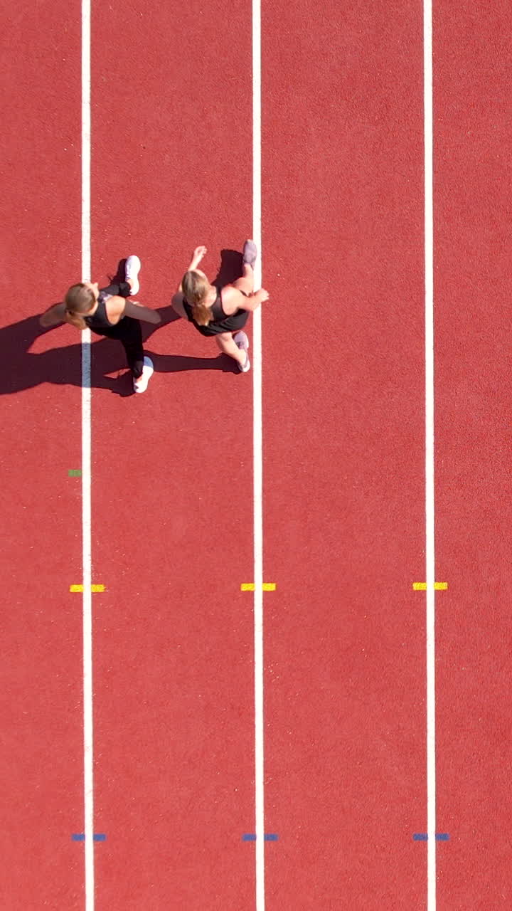 Vue aérienne de sprinteuses athlètes sur une piste d'athlétisme rouge dans un stade par une journée ensoleillée. Idéal pour le contenu de médias sociaux lié au fitness, au sport et à la santé