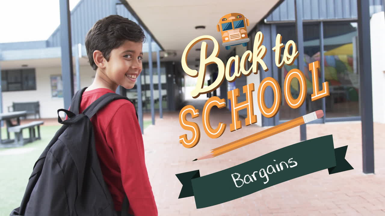 Smiling boy with backpack walking in school corridor, Back to School Bargains text over