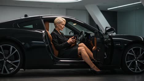 a stylish woman relaxing in a luxury car, capturing a moment of calm before the journey begins, showcasing elegance and sophistication in an upscale setting