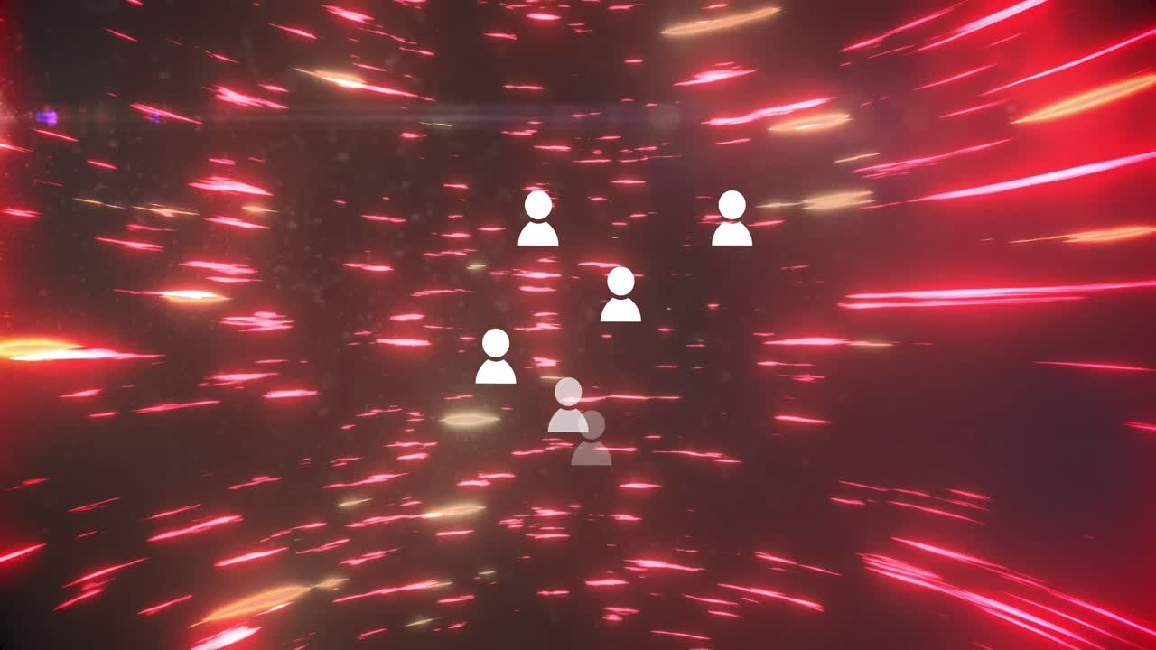 Animation of social media icons over red lights moving fast on black background