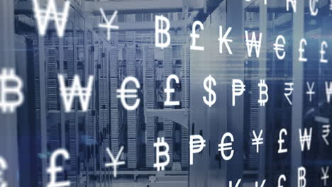 animation of currency symbols and data processing over computer servers