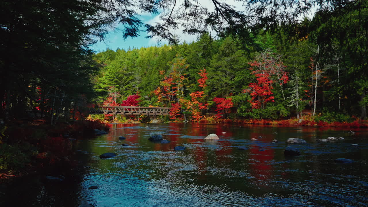 Picturesque view of the Kejimkujik National Park in autumn. View of the river and colorful tree foliage. Scenic landscape. Serene wilderness sanctuary. Dense forest and pristine lakes.