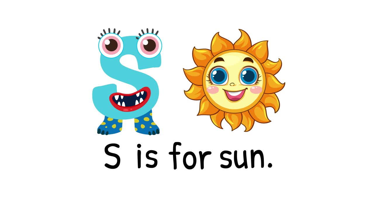 Playful animation with a character and sun illustrating the letter S, featuring bright colors and cheerful expressions