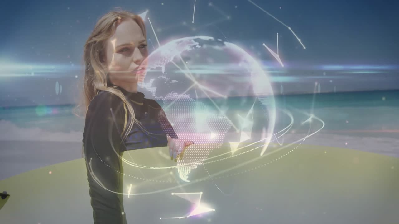 Mulher com prancha de surfe na praia observando linhas de rede se unindo a um globo giratório, representando tecnologia.