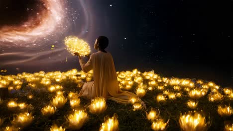 woman in a field of glowing flowers, looking at a galaxy