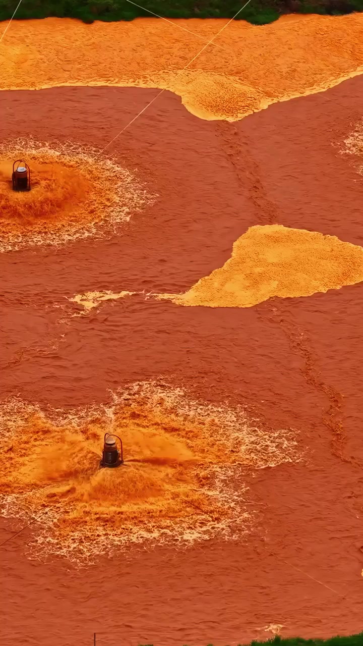 Impianto di trattamento delle acque reflue con aeratori che ossigenano l'acqua contaminata in vista aerea verticale.