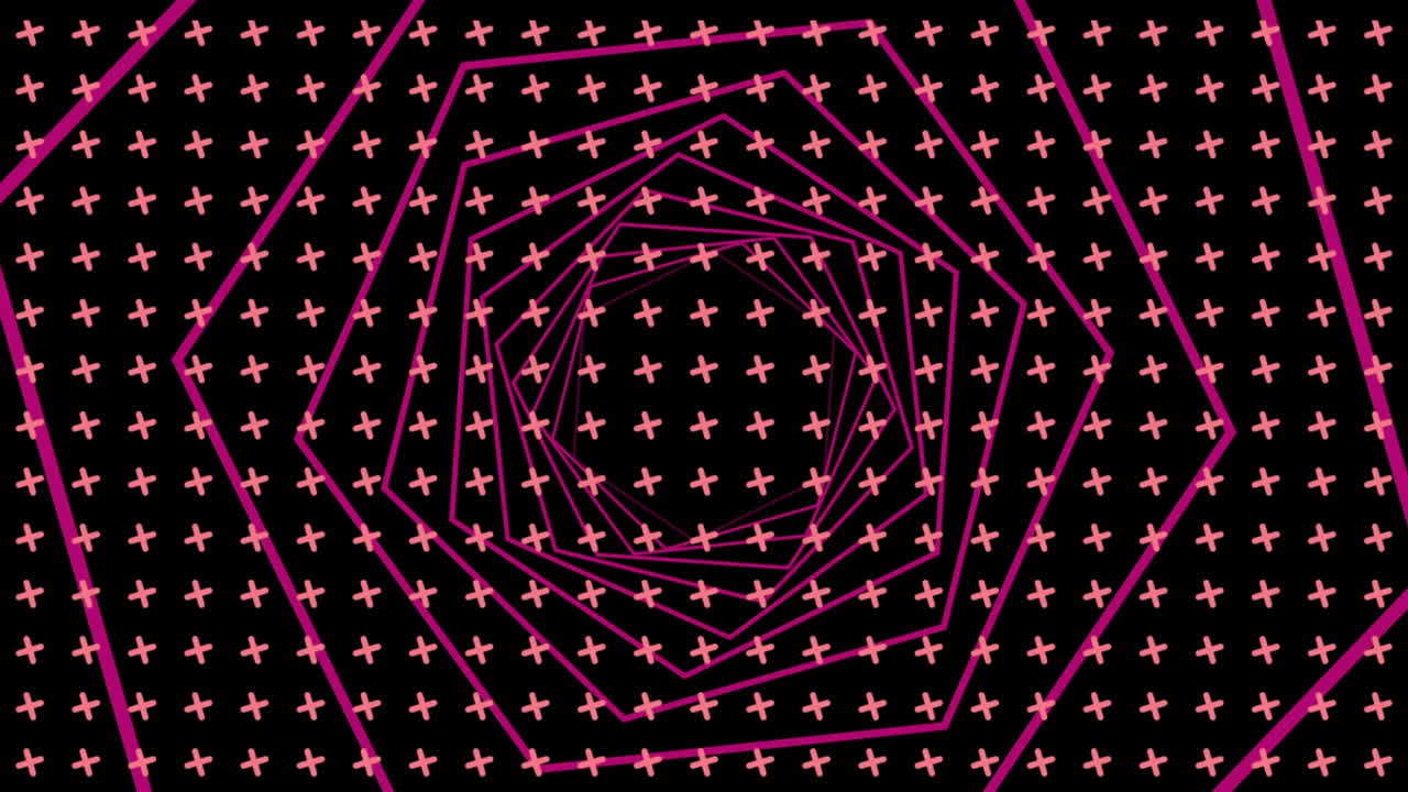 Animation of multiple rows of triangles and pink hexagons moving