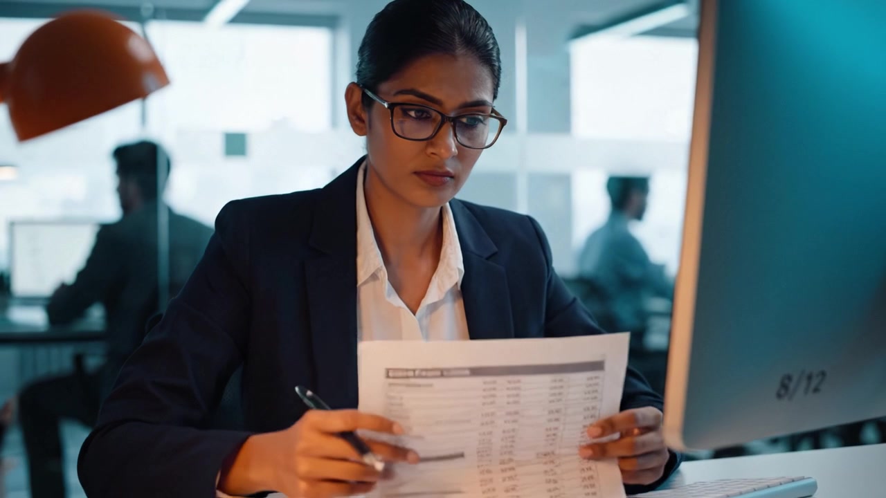 A focused businesswoman reviews important documents at her desk while working diligently in a modern office environment during the day, highlighting productivity and professionalism.