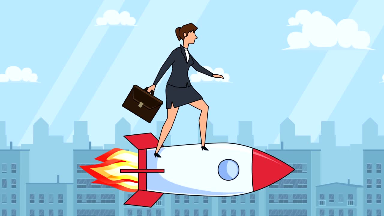 personaje de mujer de negocios de dibujos animados plano con bolsa de caso volar en cohete animación de concepto de inicio