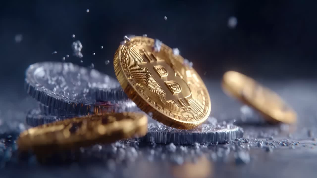 Dramatic Close-Up of Shimmering Bitcoin Coins Splashing in Water, Capturing the Essence of Digital Currency and Innovation with a Glimpse into the Future of Finance