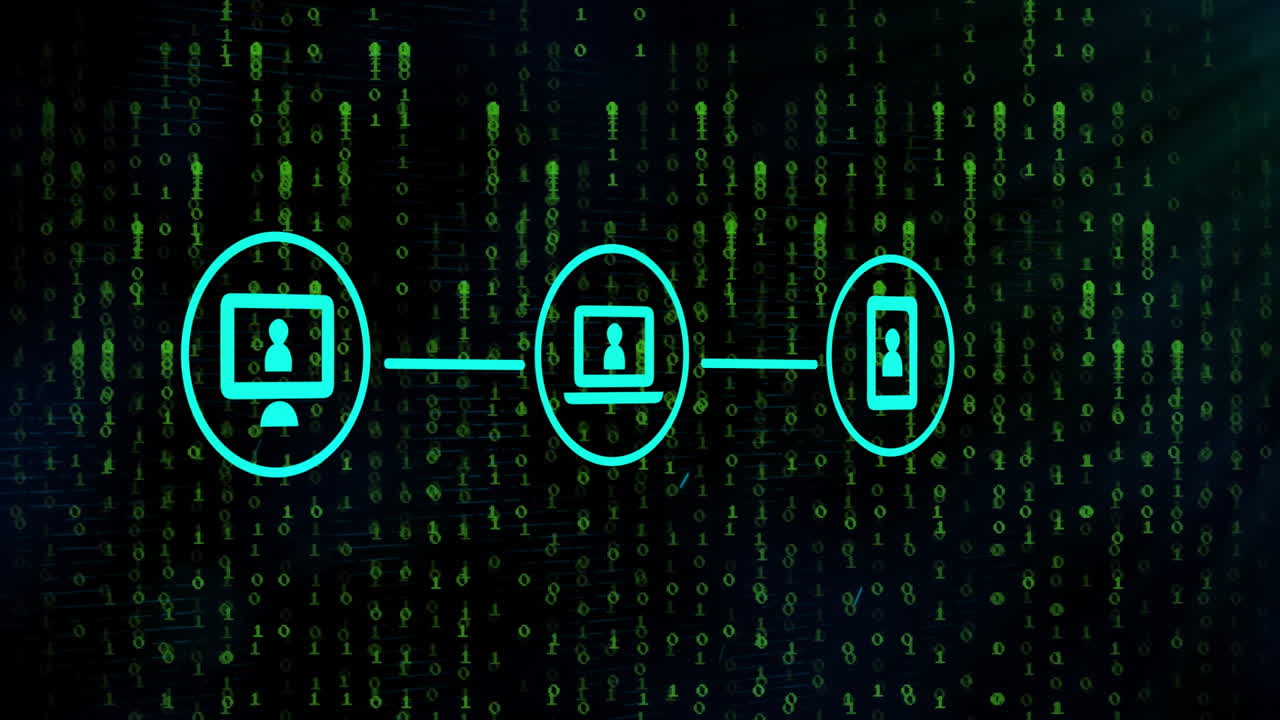Digital devices connected in network over matrix-style binary code animation