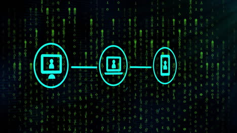 Digital devices connected in network over matrix-style binary code animation