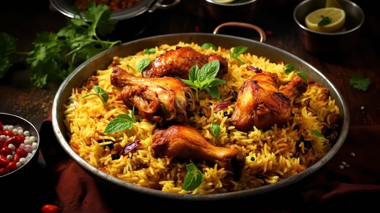 Aerial view of a vibrant dish of biryani with chicken legs, garnished with mint leaves, styled