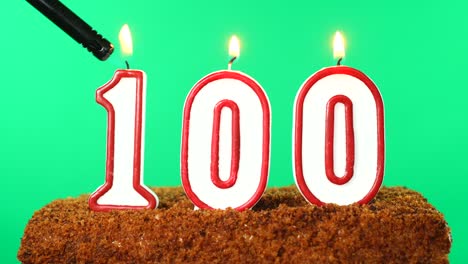 cake with the number 100 lighted candle. chroma key. green screen. isolated