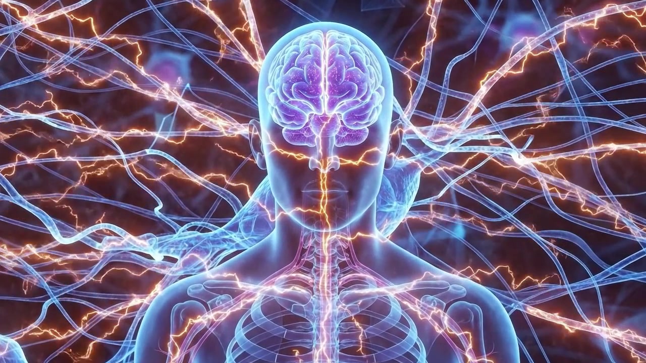 Digital menneskelig anatomi med glødende neuralt netværk og hjerneaktivitet