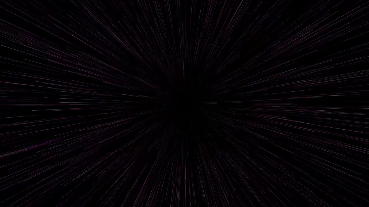 Fast motion light streaks zoom from center point against dark background in seamless loop