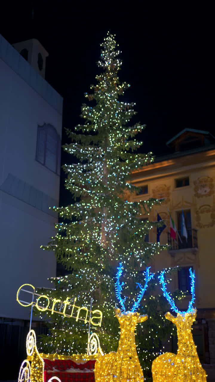 Illuminated reindeer decoration guiding a sleigh at the Christmas market in the evening, in Cortina d'Ampezzo, Italy. Vertical