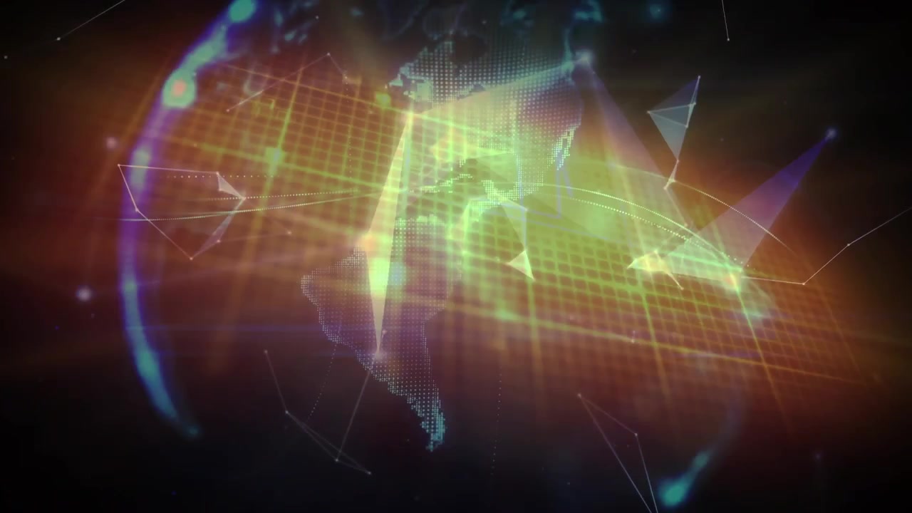 Animation of glowing network of connections moving over dark blue computers