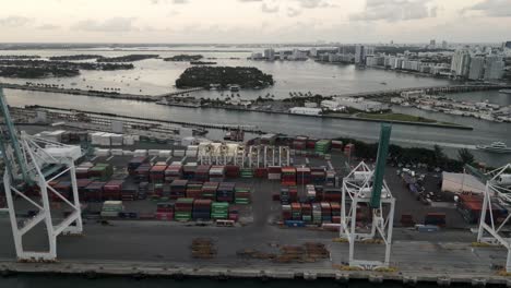 panoramic aerial view of dodge island, port of miami with the view of downtown miami skyline buildings at sunset, florida, usa