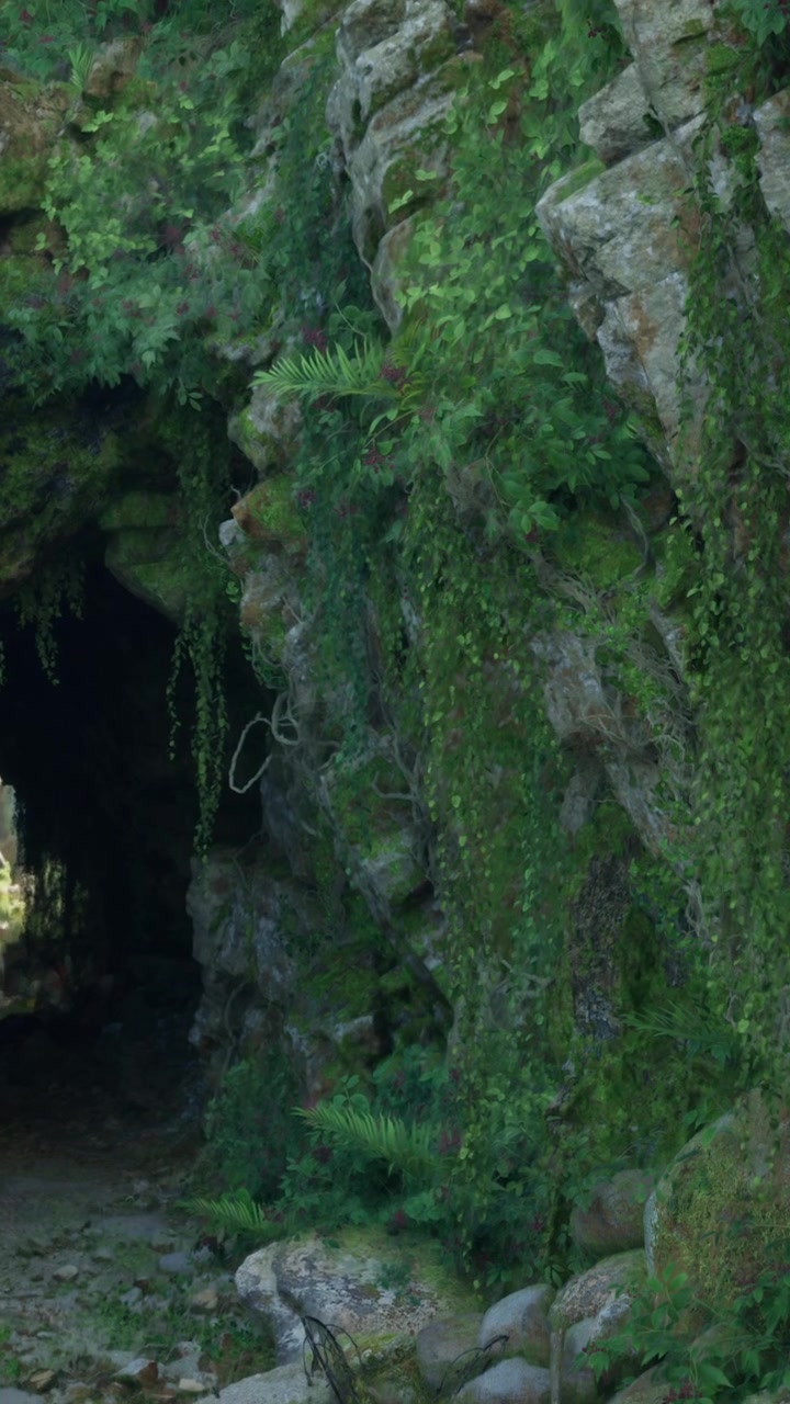 Ingresso di grotta verde circondato da rocce e piante a mezzogiorno.