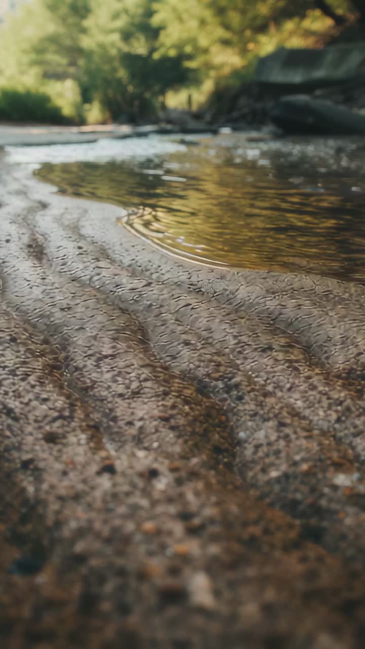 Vertical video: Rippling wet sand and shallow pool showing crest from current at shoreline, pebbles