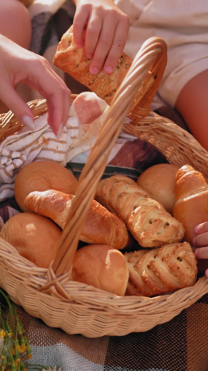 Close-up of hands reaching into a picnic basket filled with fresh baked snacks, a person with a bandaged hand selects a pastry while others sit around on a checkered blanket