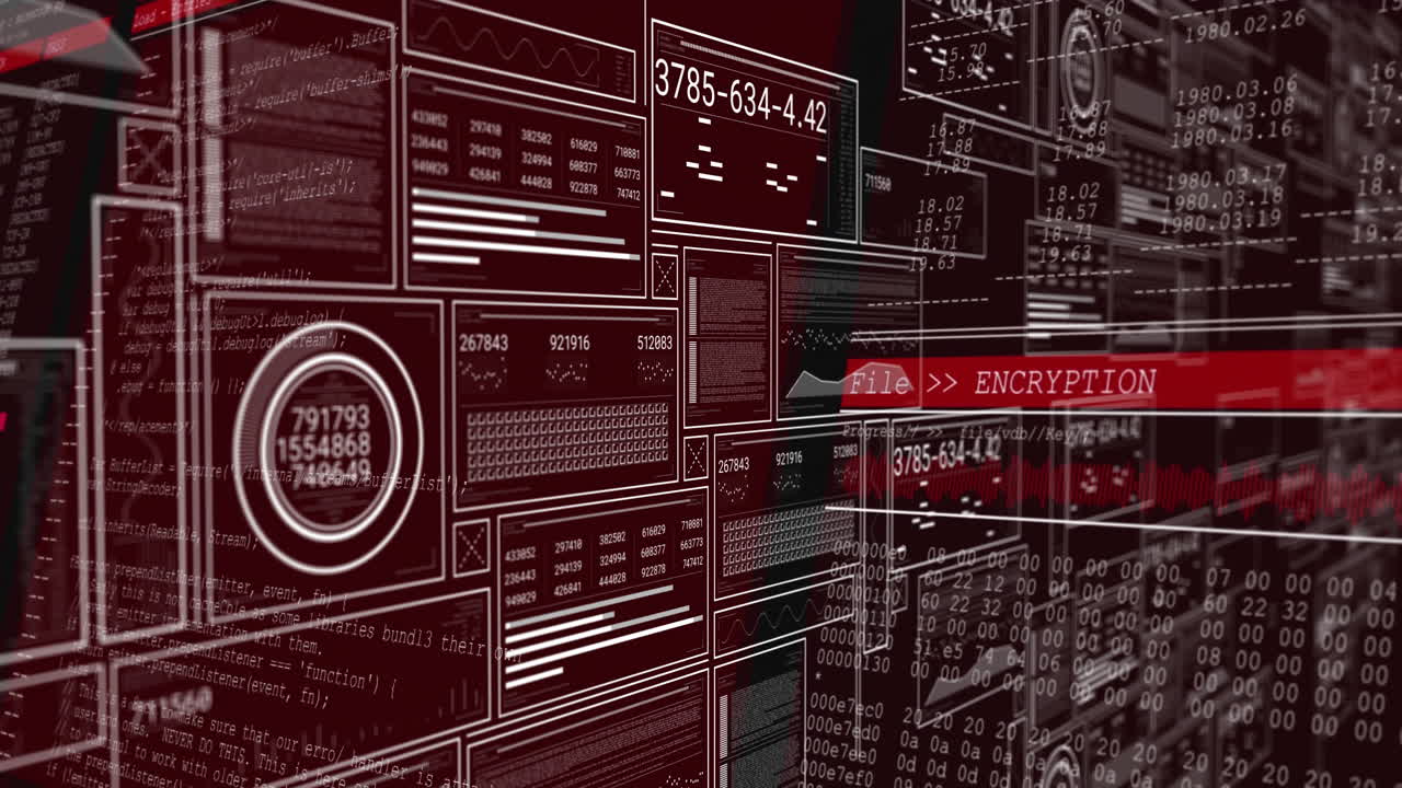 Processing digital encryption data with complex codes and graphs in red tones