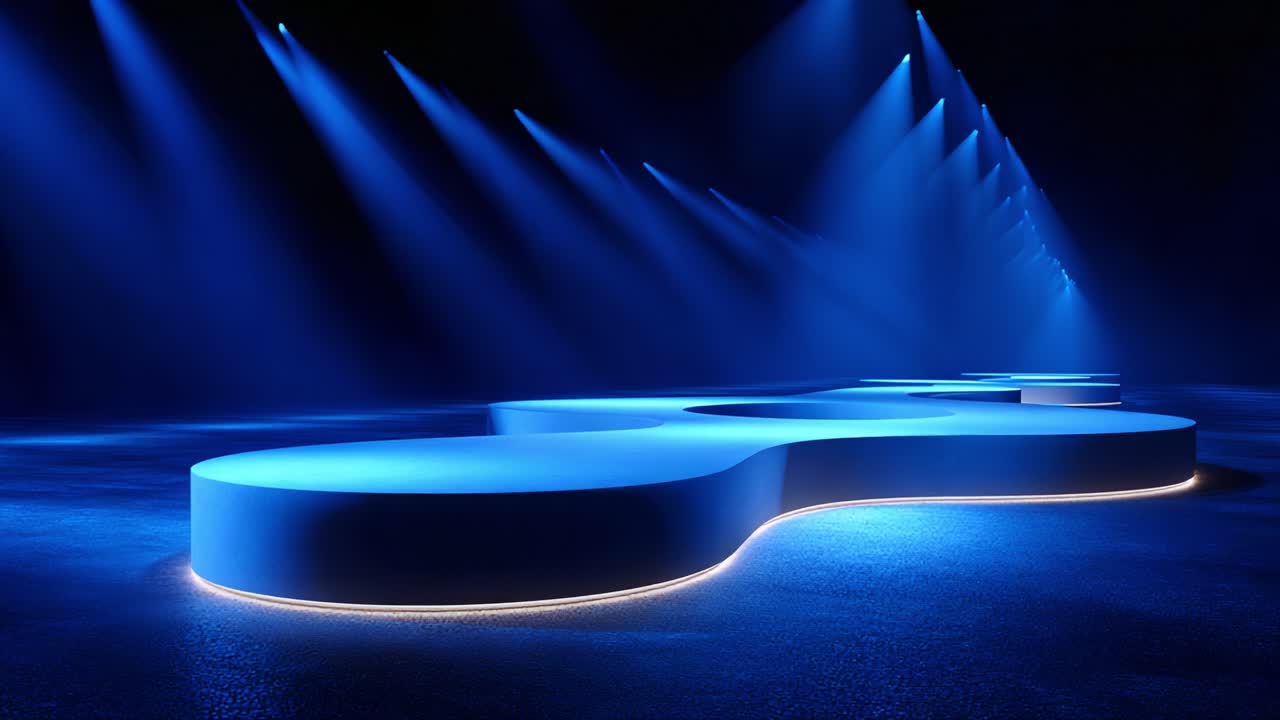 A Vibrant Stage Design Illuminated in Blue Light with Elegant Curved Platforms Set Against a Dark Background, Creating a Futuristic and Hypnotic Atmosphere Perfect for Events or Performances