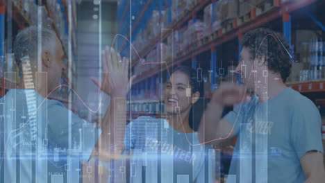 animation of statistics and financial data processing over men and woman high fiving in warehouse