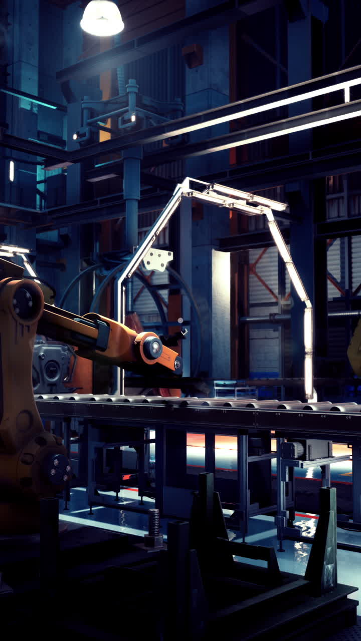 robots industriales que trabajan en una línea de ensamblaje en una fábrica