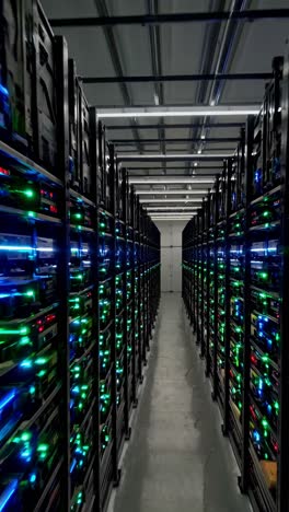 blinking server racks mining cryptocurrency, displaying colorful lights inside expansive data center, representing high tech digital infrastructure for blockchain networks