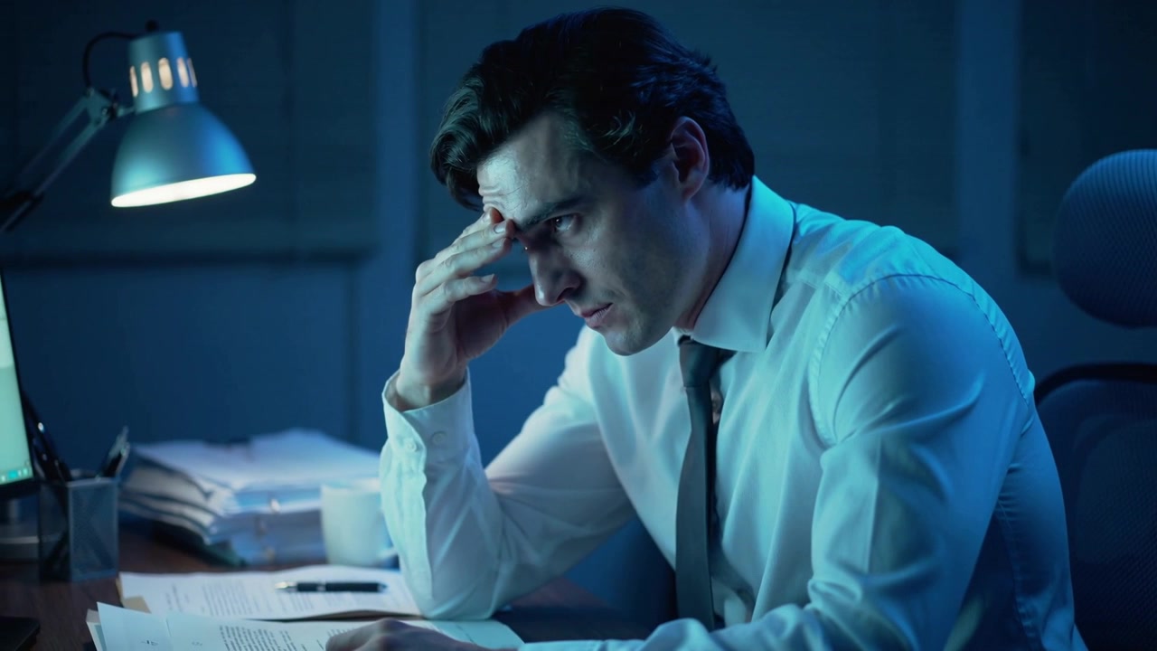 Uomo concentrato in camicia bianca e cravatta che lavora fino a tardi alla scrivania dopo l'orario di lavoro, strofinandosi la fronte sotto una lampada.