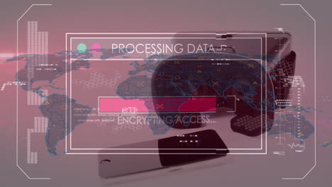 animación del procesamiento de datos y mapa del mundo a través de auriculares vr.