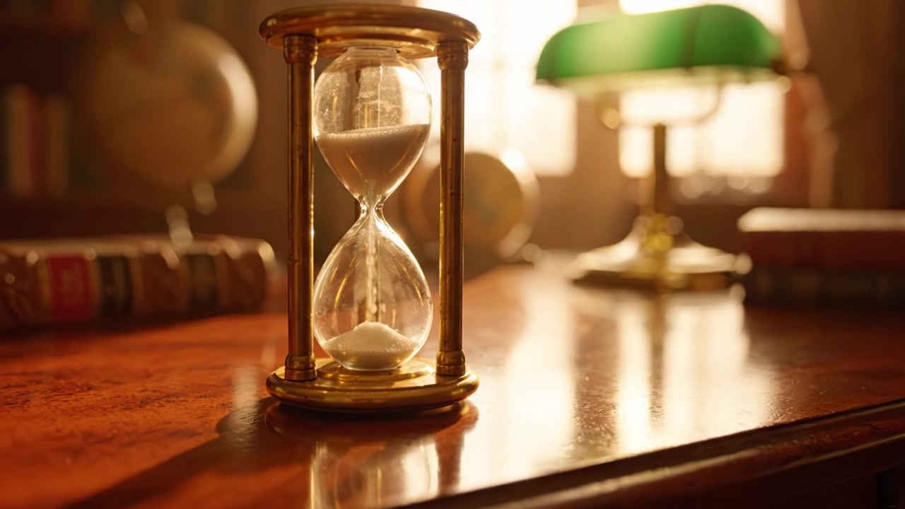 Ampulheta Lindamente Capturada em uma Mesa de Madeira Rodeada por Livros e uma Luminária em um Quarto Aconchegante e Ensolarado, Enfatizando a Passagem do Tempo e a Reflexão.