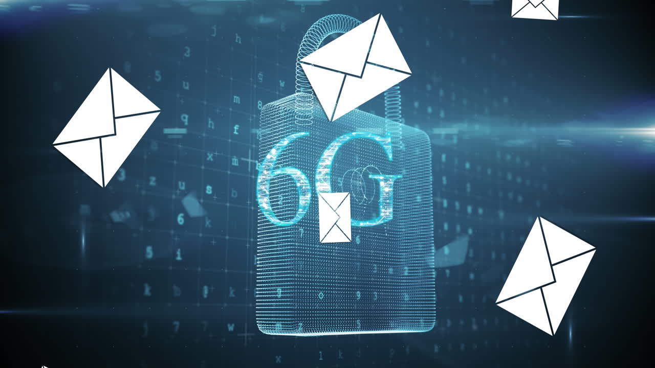 animación de texto de 6g, iconos de sobres de correo electrónico, candado de seguridad en línea sobre dígitos que cambian