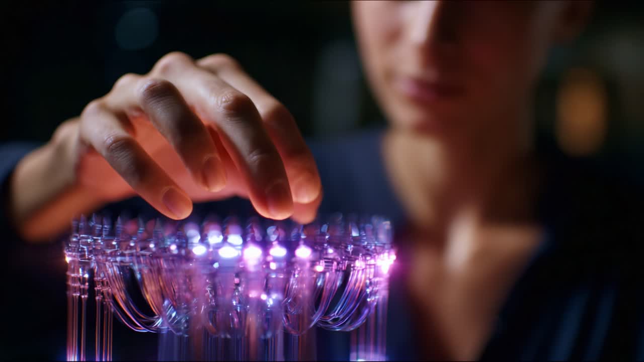 Alla scoperta dell'innovazione: primo piano di una persona con un dispositivo a emissione di luce avanzato in un ambiente buio con effetti luminosi