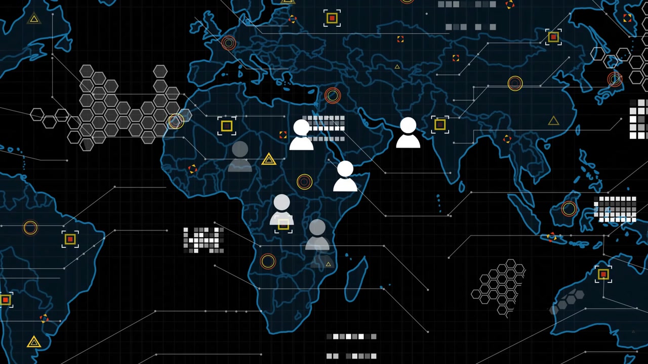 Viewport shifting to map, tech node icons appearing, pulsing, moving, dimming and showing hex HUD