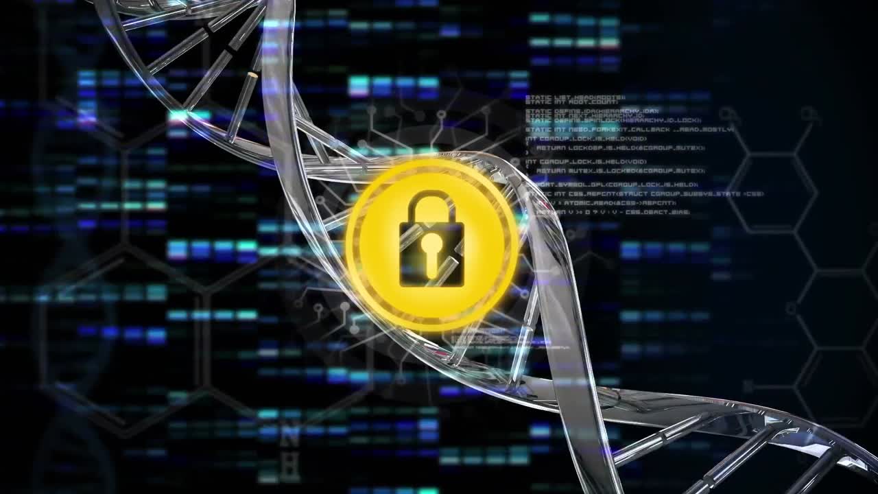 animación de cadena de adn y red de conexiones con candado de seguridad en línea sobre fondo oscuro