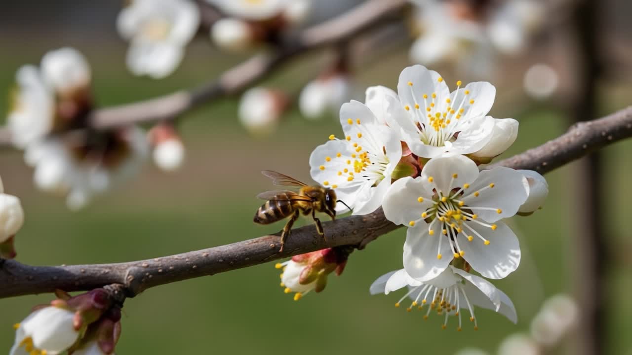A Close-Up Encounter Between a Honey Bee and Cherry Blossom Flowers, Capturing the Beauty of Pollination in Nature's Springtime Blooming Landscape
