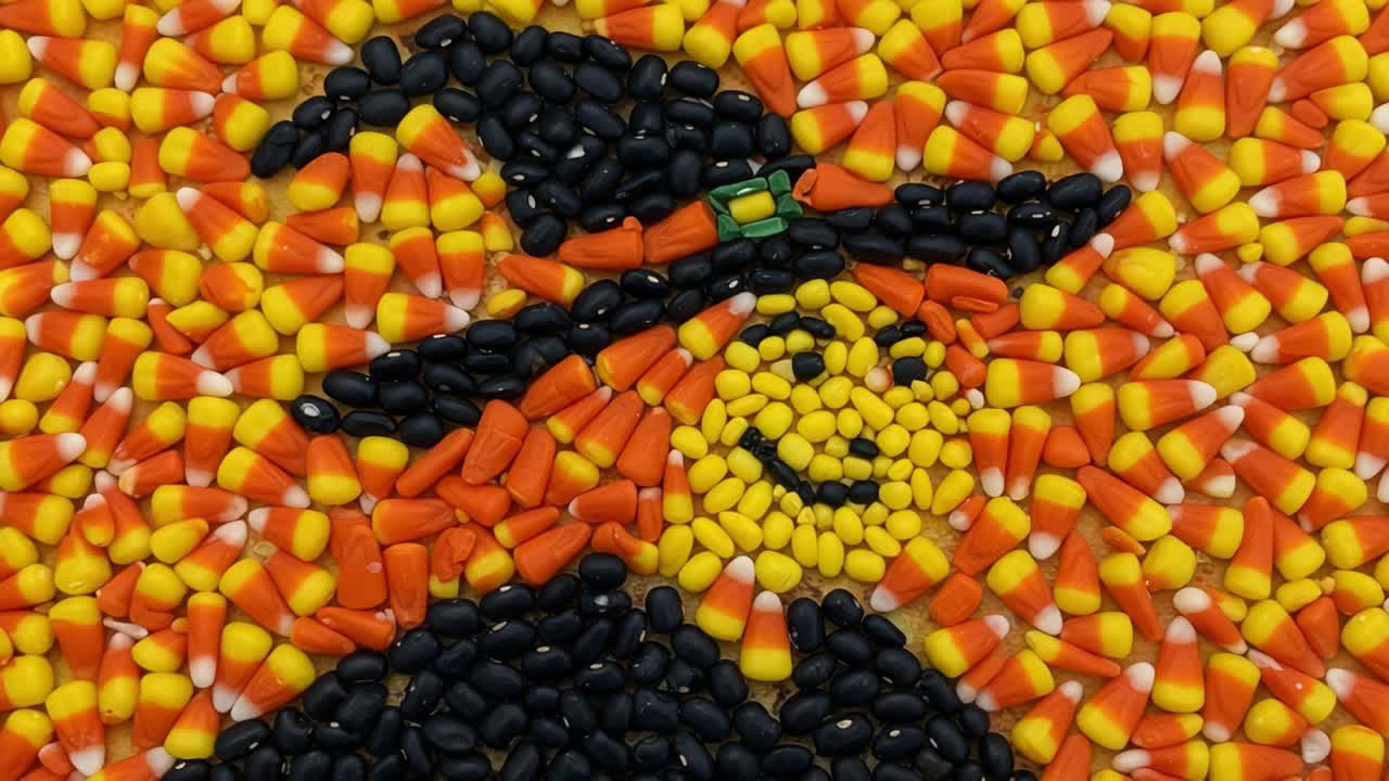Colorful Mosaic of a Witch Crafted from Candy Corn and Various Grains, Showcasing a Vibrant Autumn Theme in a Whimsical and Playful Design