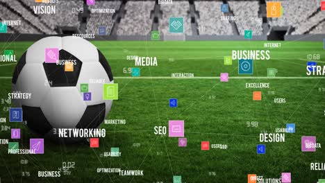 animación de la red de conexiones y texto sobre fútbol y gradas vacías en estadios deportivos