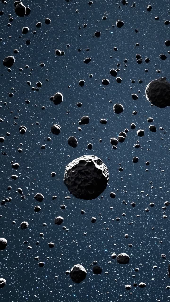 A cosmic video scene with a wide-angle view of asteroids floating in space, creating a sense