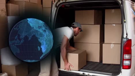 Animation-of-globe-of-connections-over-delivery-man-with-cardboard-box