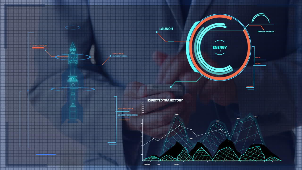 Using smartphone, person viewing futuristic animation of energy and trajectory graphs