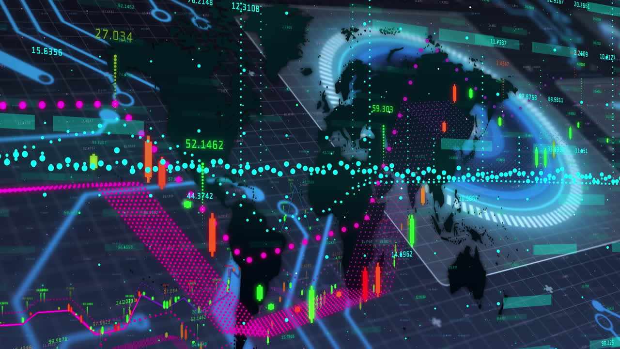Animation of scope scanning and data processing on screens over grid