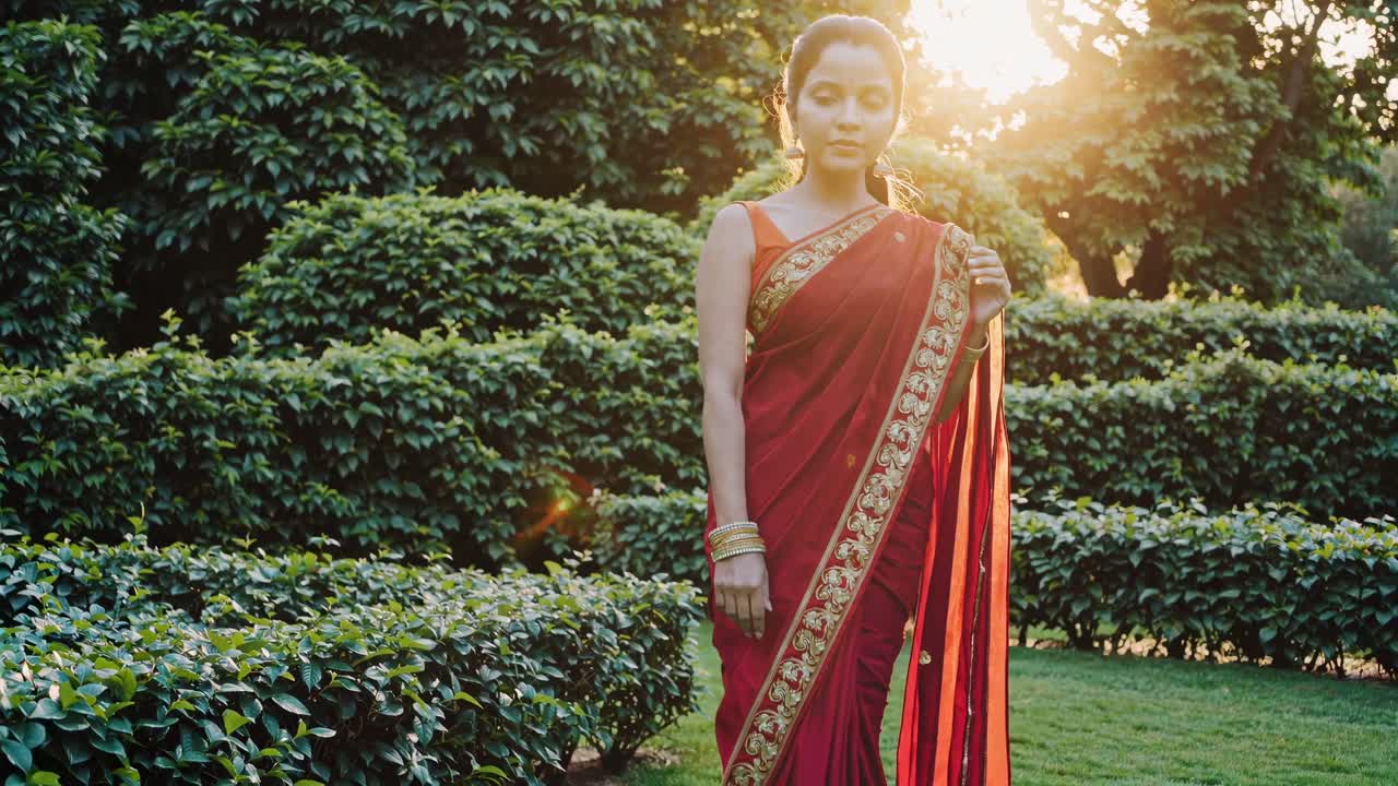 A serene video scene of a woman in a red sari, captured at eye level in a lush garden, with sunlight
