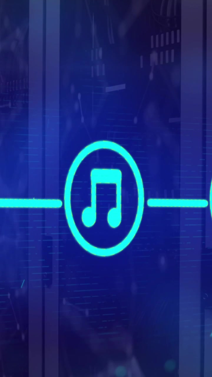 Animazione di icone multimediali blu connesse e di una rete di connessioni su server di computer